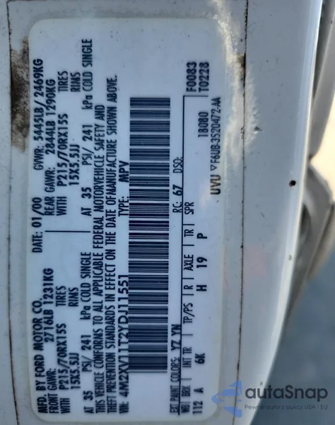 2000 Mercury Villager from USA, damaged, VIN 4M2XV11T2YDJ11551